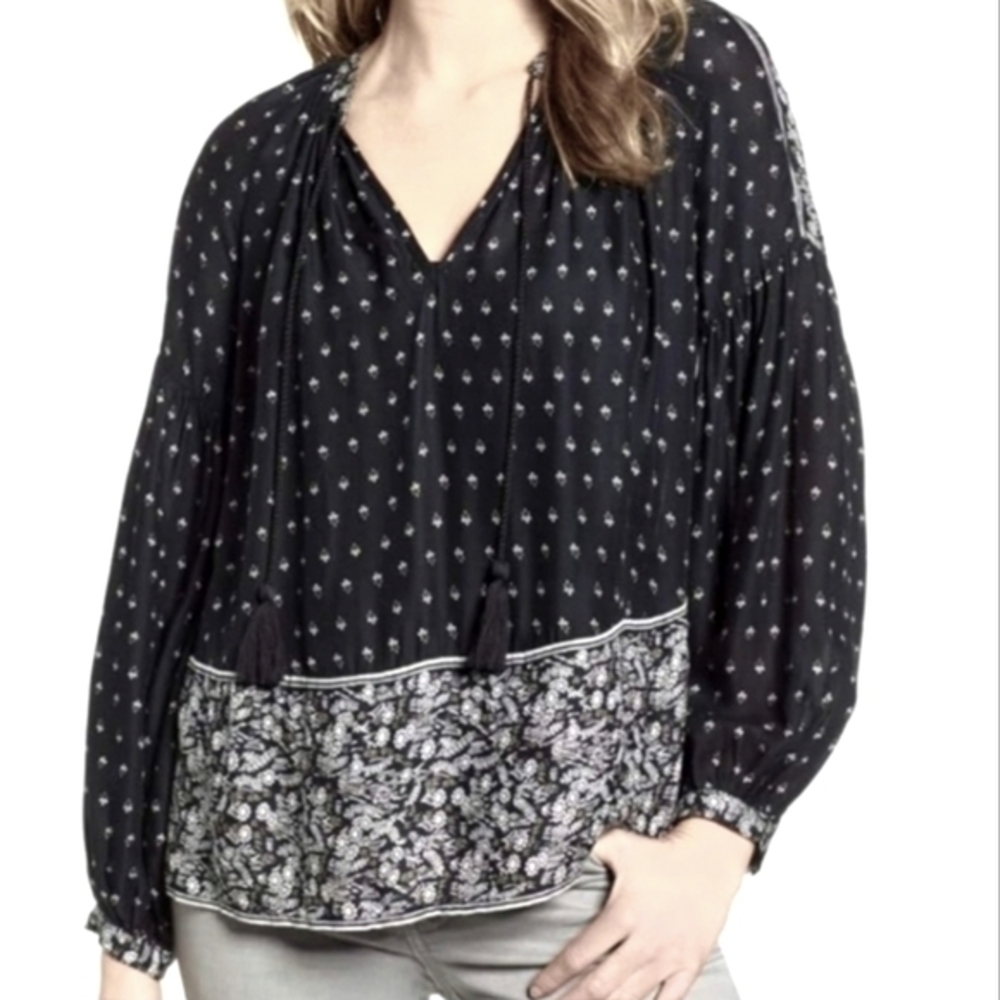 Lucky Brand Women's‎ Floral Peasant Blouse Top Shirt Size Large Tassles Mandarin